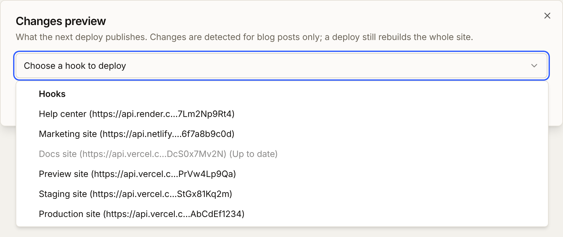 The Changes preview dialog with no changed posts and the hook picker open: Docs site reads (Up to date) and cannot be chosen, the other hooks can