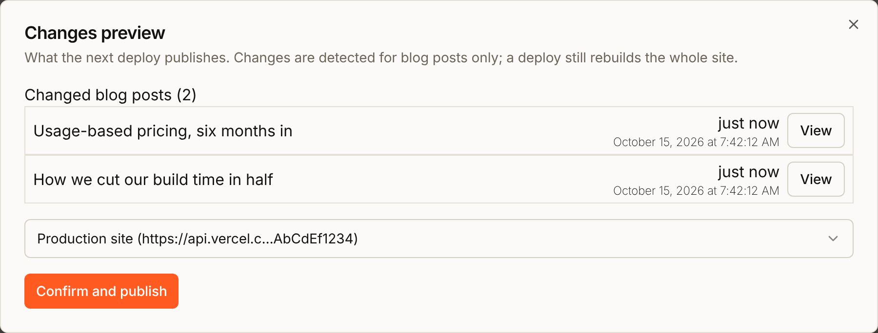 The Changes preview dialog: two changed blog posts, the hook Production site chosen, and the Confirm and publish button