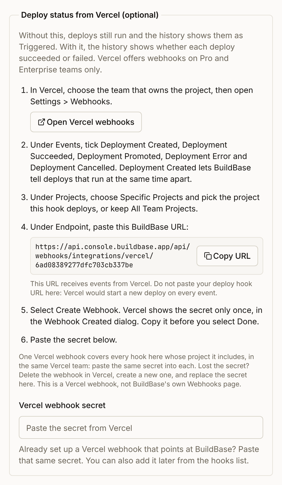 The Deploy status from Vercel section: six steps for Vercel's Settings > Webhooks, the BuildBase status URL with a Copy URL button, and the Vercel webhook secret field