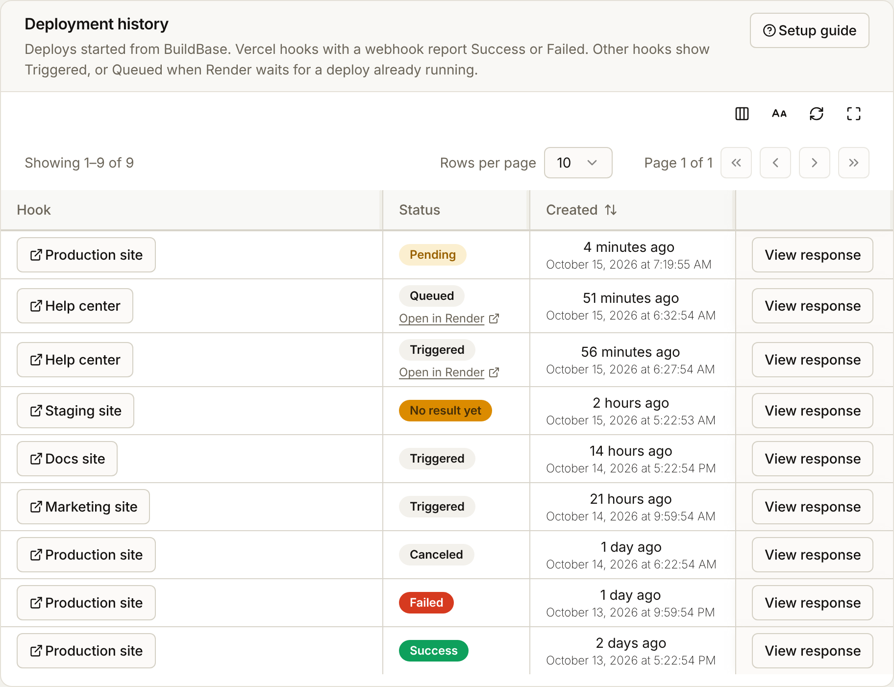 The deployment history: deploys reading Pending, Queued and Triggered with an Open in Render link, No result yet, Triggered, Canceled, Failed and Success, each with its hook and when it started
