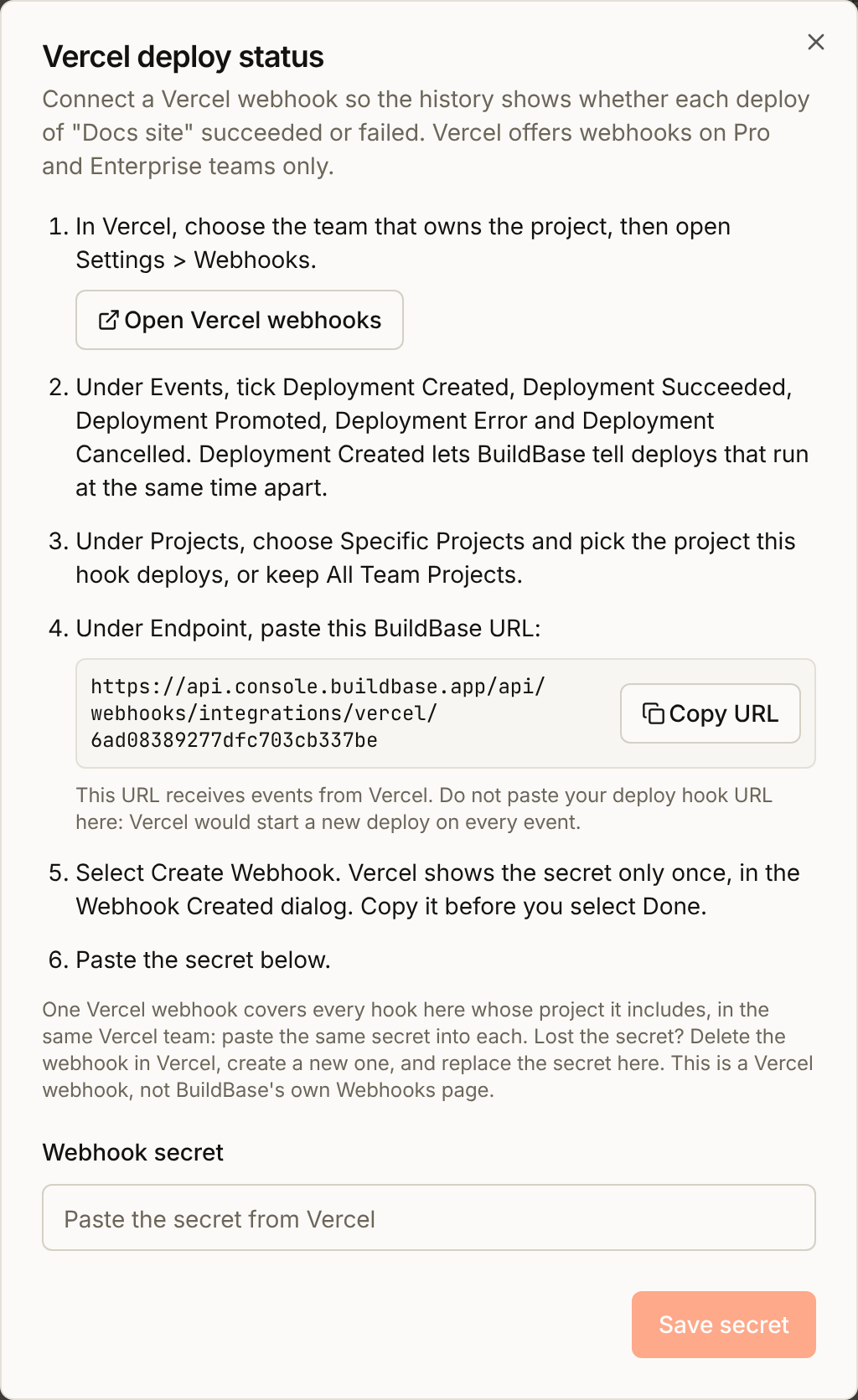 The Vercel deploy status dialog for a hook: the steps, the BuildBase status URL with Copy URL, and the Webhook secret field