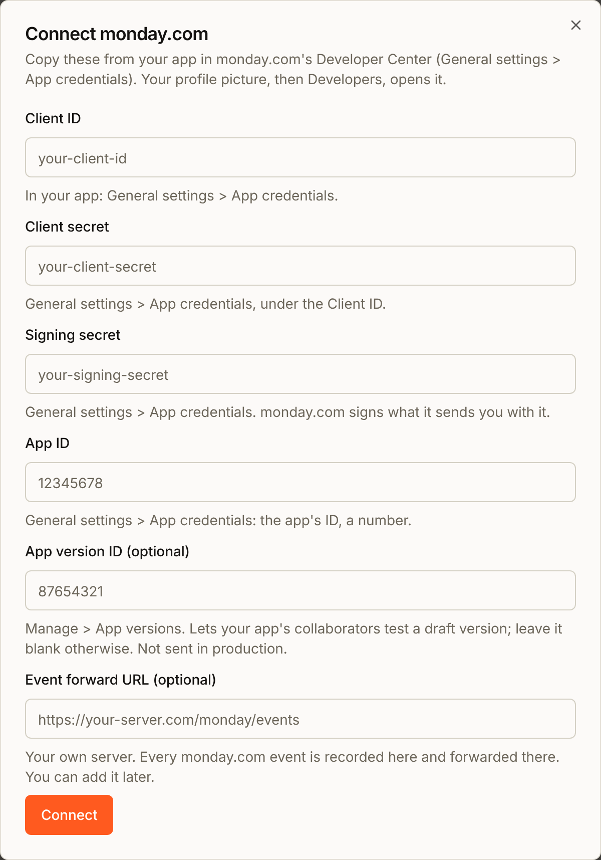 The Connect monday.com dialog: Client ID, Client secret, Signing secret, App ID, and the optional App version ID and Event forward URL, each with where to find it