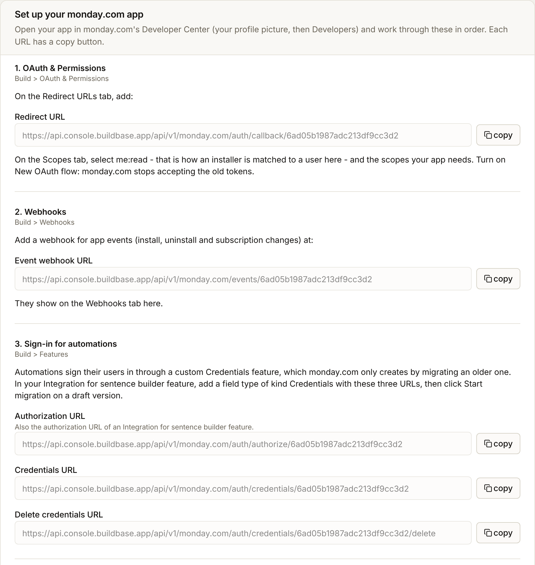 Steps 1 to 3 of the setup guide: the Redirect URL for OAuth and Permissions, the Event webhook URL for Webhooks, and the three URLs for sign-in in automations