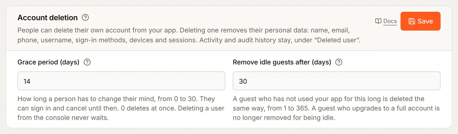 The Account deletion card on the Security tab: what deleting removes and keeps, Grace period 14 days, and Remove idle guests after