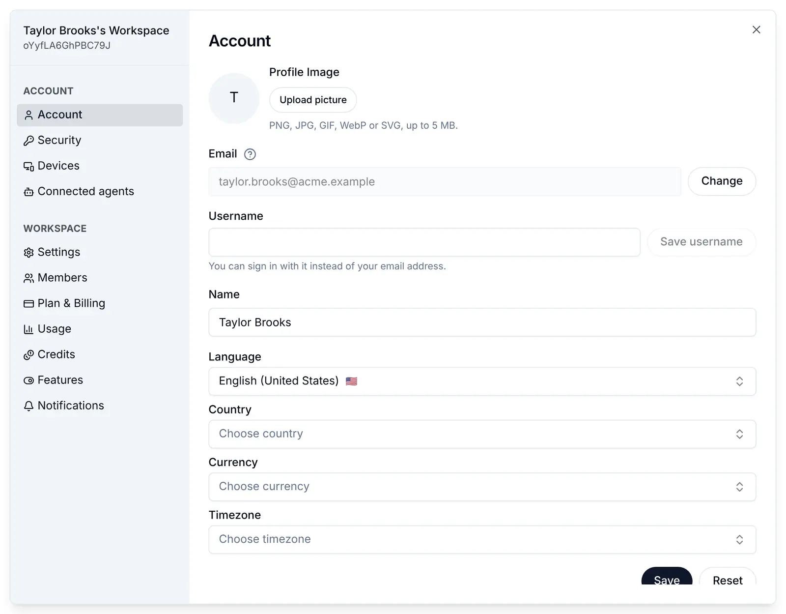 The Account screen of the settings dialog: the sidebar with Account, Security and Devices, then Profile Image with Upload picture (PNG, JPG, GIF, WebP or SVG, up to 5 MB), the Email taylor.brooks@acme.example with Change, an empty Username with Save username, Name Taylor Brooks, Language, Country, Currency and Timezone, and Save