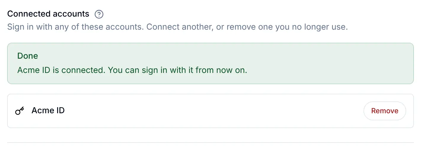 Back from Acme ID: Acme ID is connected. You can sign in with it from now on, and the section lists Acme ID with a Remove button