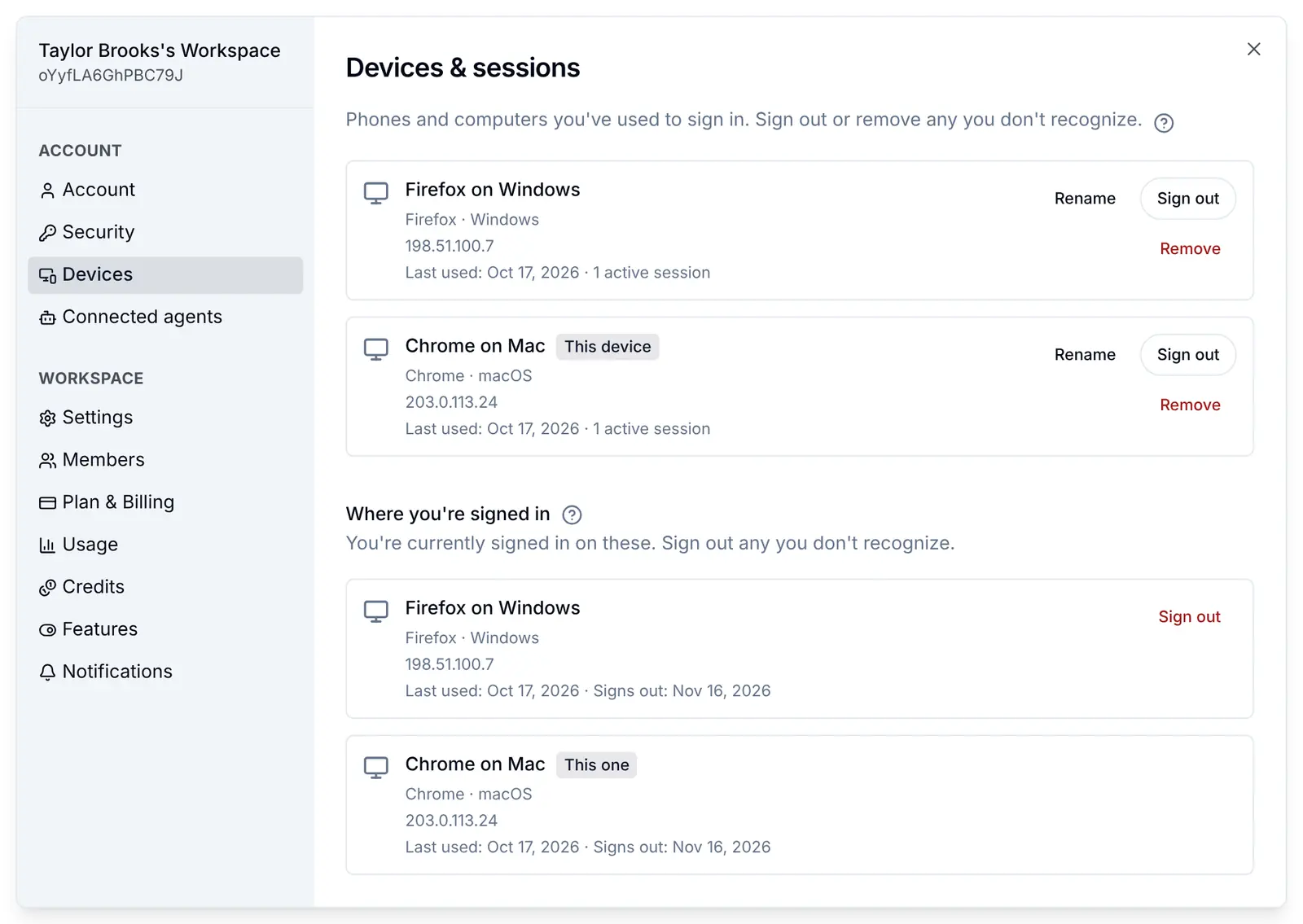 The Devices and sessions screen: two devices, Firefox on Windows and Chrome on Mac marked This device, each with its address, when it was last used, Rename, Sign out and Remove; below, Where you are signed in lists the two sign-ins, This one marking the current one, each with when it signs out