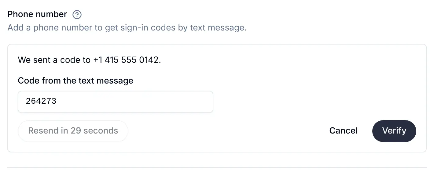 The Phone number section after Send code: We sent a code to +1 415 555 0142, the box Code from the text message with the code typed in, Resend in 30 seconds, Cancel and Verify