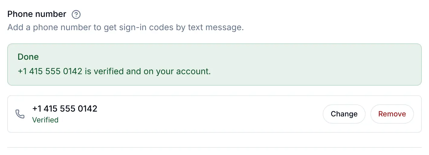 The Phone number section once verified: a banner says +1 415 555 0142 is verified and on your account, and the number shows Verified with Change and Remove