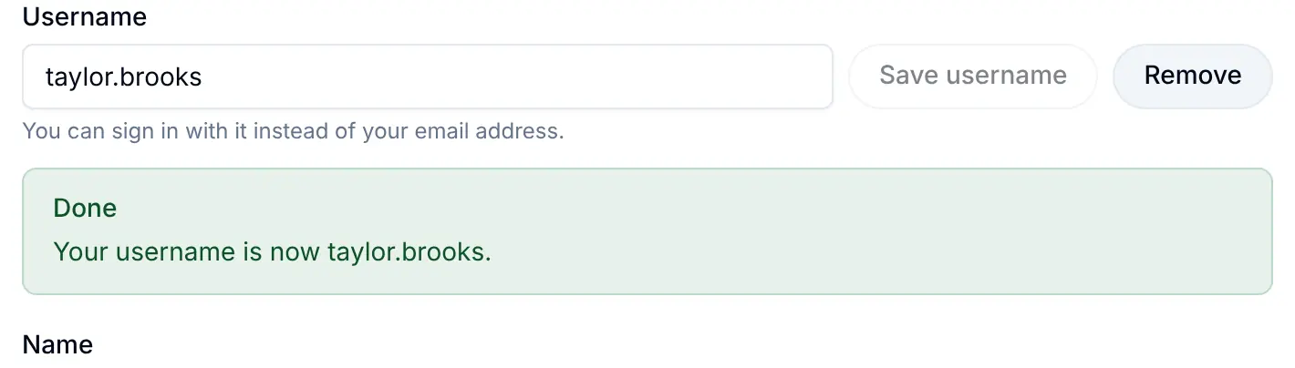 The Username field set to taylor.brooks after Save username, with Remove beside it, the hint that it can be used to sign in instead of the email address, and the banner Your username is now taylor.brooks
