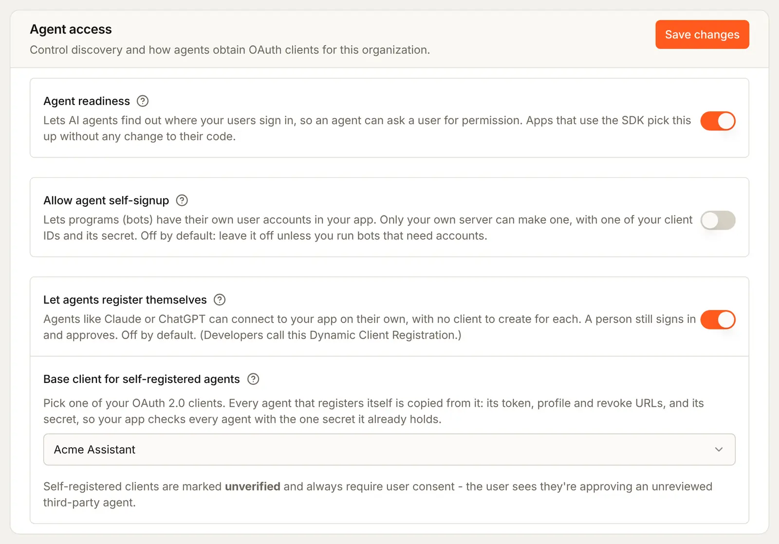 The Agent access card: Agent readiness on, Allow agent self-signup off, Let agents register themselves on, and Acme Assistant picked as the base client for self-registered agents, with Save changes