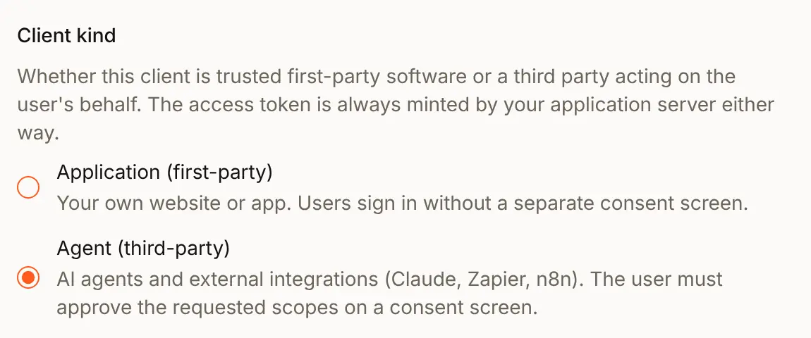 Client kind in the Edit auth setting sheet for Acme Assistant: Agent (third-party) chosen, for AI agents and external integrations that need the person to approve on a consent screen