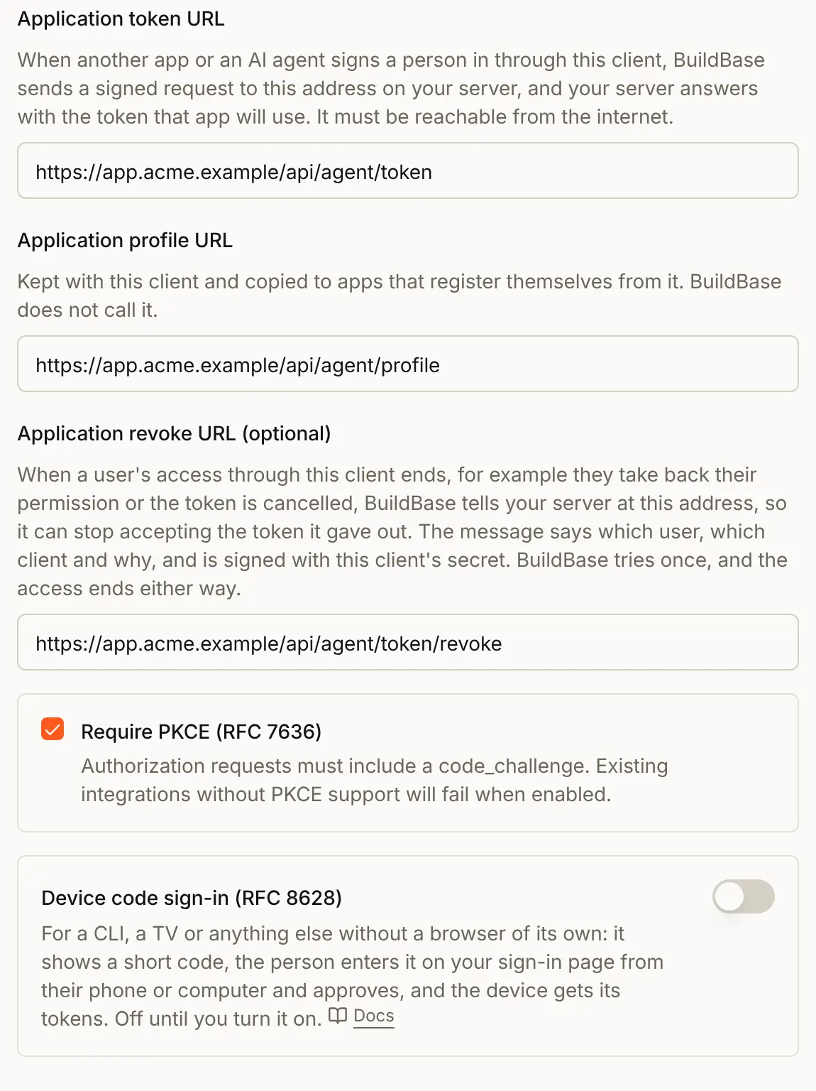 The OAuth 2.0 settings of Acme Assistant: Application token URL and Application revoke URL on app.acme.example, Require PKCE, and Device code sign-in off