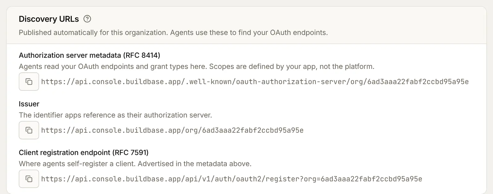 The discovery addresses agents read: the authorization server metadata, the issuer, and the client registration endpoint, each with a copy button