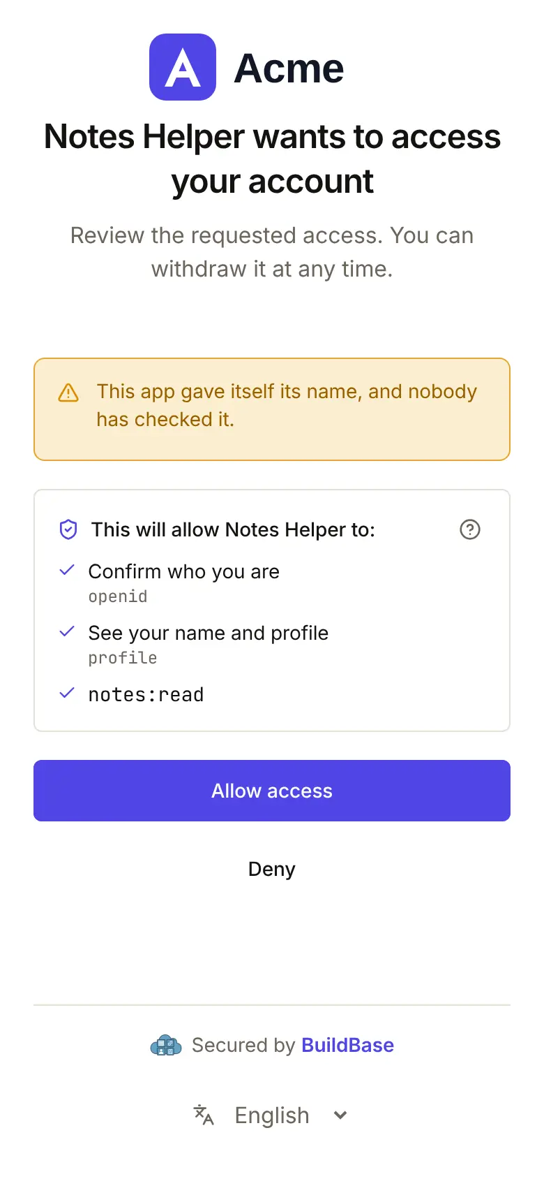 The consent screen on a phone for Notes Helper: Review the requested access, the list of what it may do, then Allow access and Deny