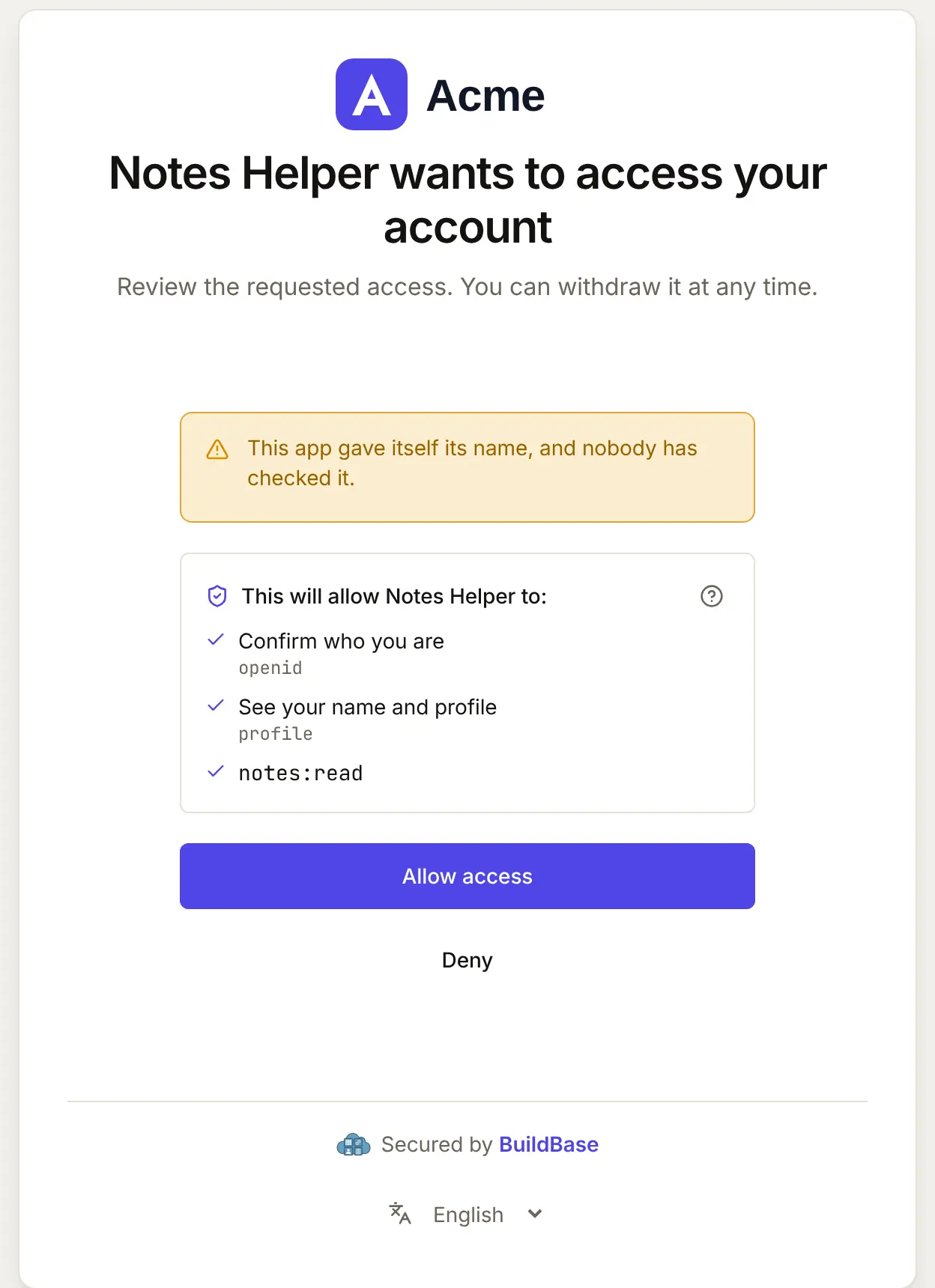 Notes Helper, an agent that registered itself, wants to access your account: confirm who you are, see your name and profile, and notes:read, with Allow access and Deny