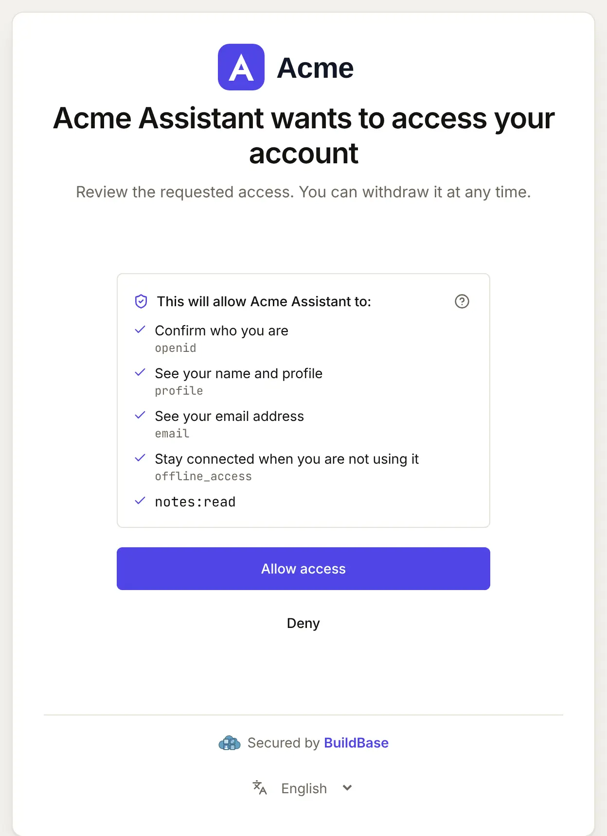 Acme Assistant wants to access your account: this will allow Acme Assistant to confirm who you are, see your name and profile and your email address, stay connected when you are not using it, and notes:read, with Allow access and Deny