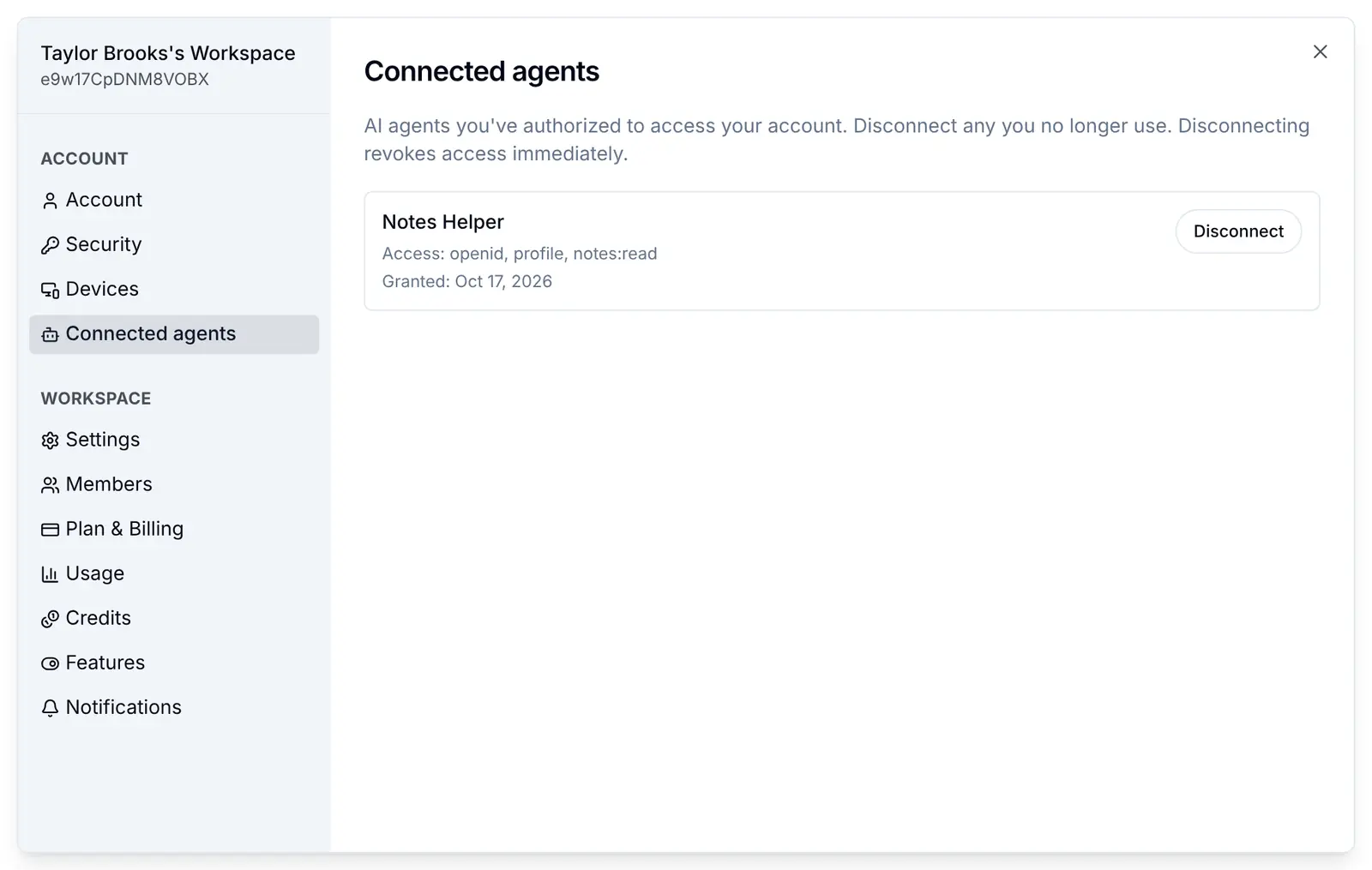Connected agents after Disconnect: only Notes Helper is left; Acme Assistant lost its access at once