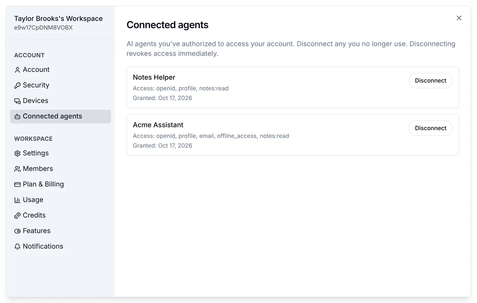 The Connected agents screen in the app: Acme Assistant and Notes Helper, each with the access it was given, when, and a Disconnect button