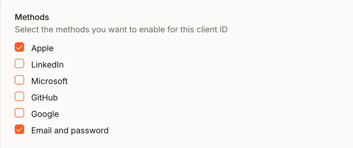 The Edit auth setting sheet for Acme Analytics, at Methods: Apple ticked beside Email and password