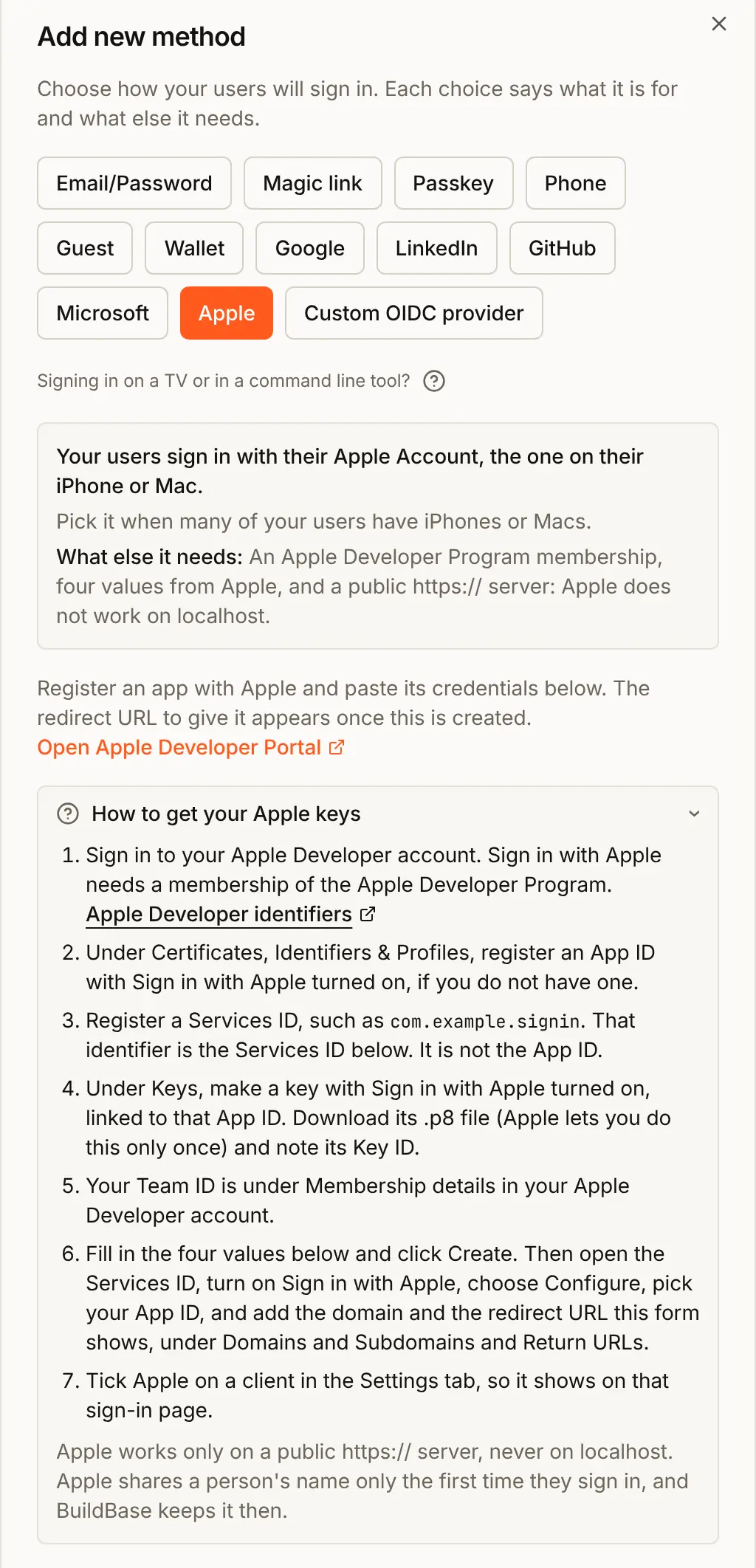 The Add new method dialog with Apple chosen, its note that Apple needs a Developer Program membership and a public https server, and the open guide How to get your Apple keys with its seven steps