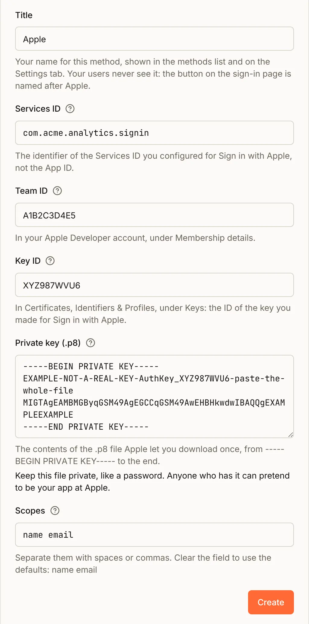The Apple form filled in: Title Apple, Services ID com.acme.analytics.signin, Team ID A1B2C3D4E5, Key ID XYZ987WVU6, an example private key, and the default scopes name and email