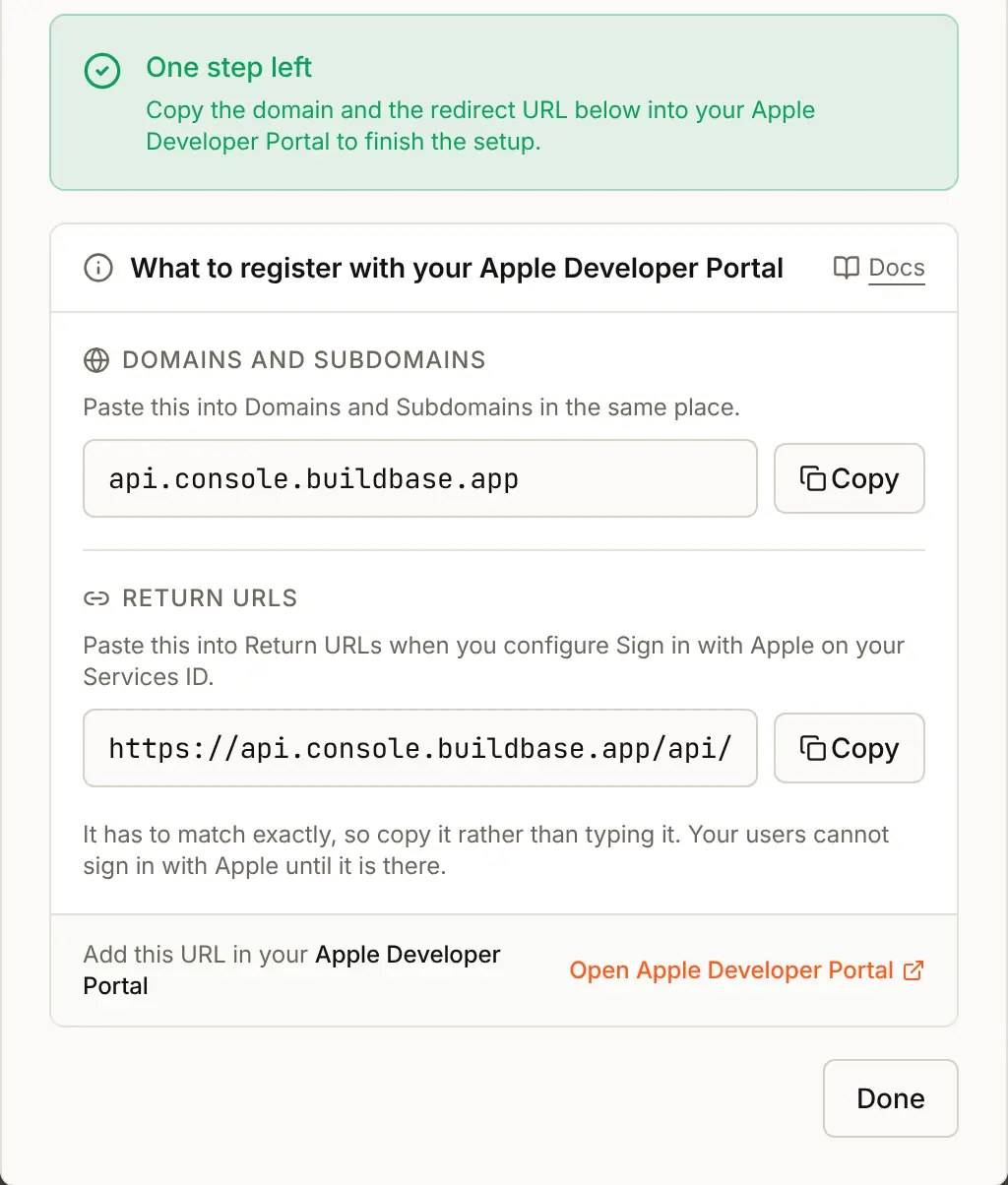 After Create: One step left, then the Domains and Subdomains box and the Return URLs box, each with a copy button, to paste into the Services ID at Apple