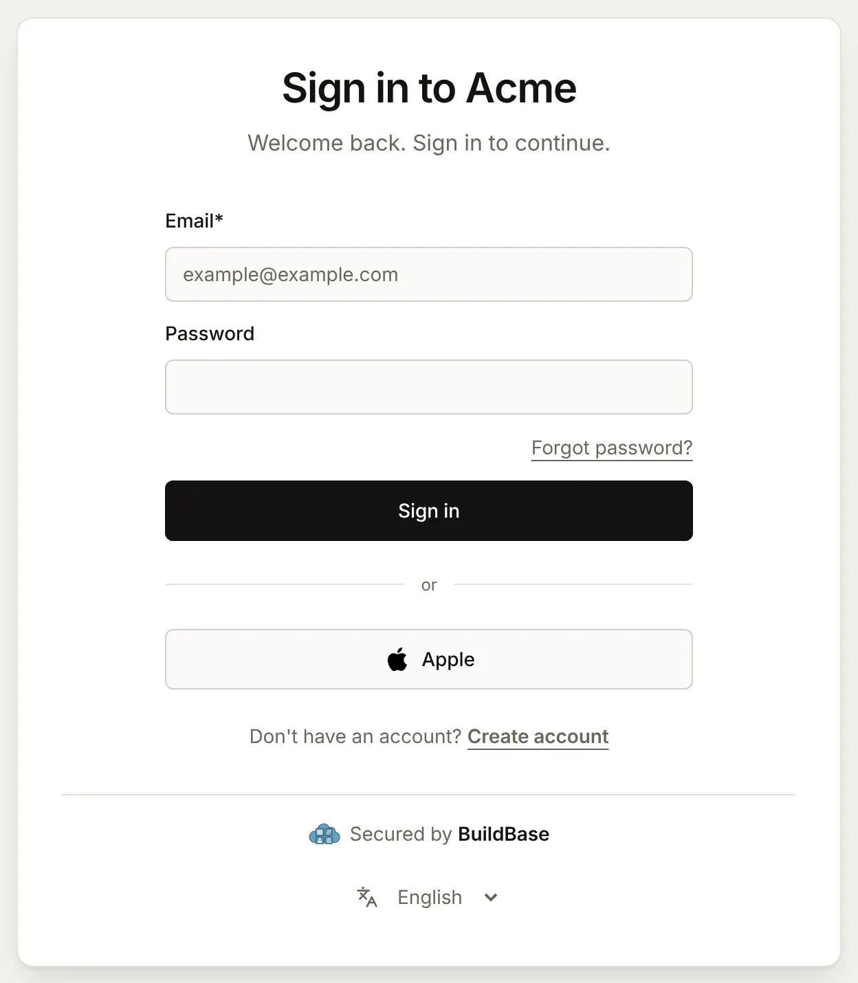 The hosted sign-in page Sign in to Acme, with the email and password form and, under or, an Apple button