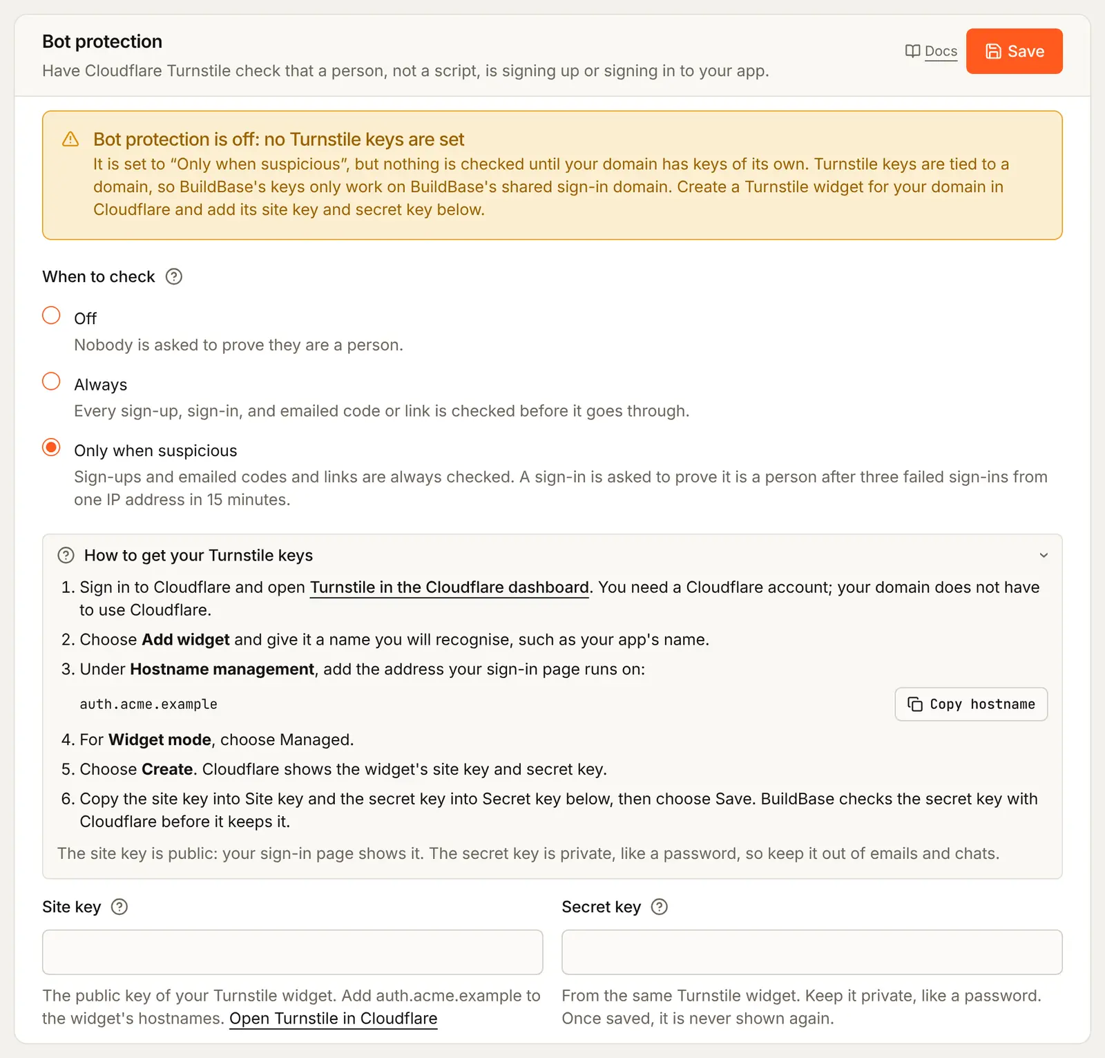 The Bot protection card once the sign-in page is on your own domain, auth.acme.example: a warning that bot protection is off because no Turnstile keys are set, the three modes, How to get your Turnstile keys open with six steps (open Turnstile in the Cloudflare dashboard, Add widget, add auth.acme.example under Hostname management with a Copy hostname button, Managed widget mode, Create, copy both keys here and Save), and empty Site key and Secret key boxes