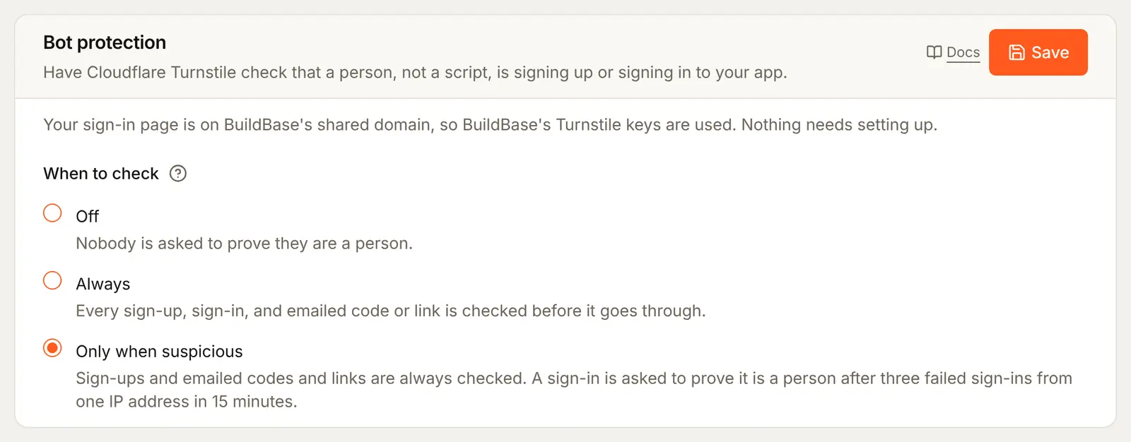 The Bot protection card on the Security tab: your sign-in page is on BuildBase's shared domain, so BuildBase's Turnstile keys are used and nothing needs setting up. Under When to check, Off, Always and Only when suspicious, with Only when suspicious chosen