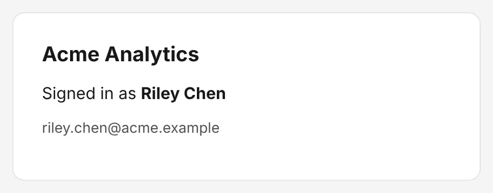 The app page Acme Analytics after the round trip: Signed in as Riley Chen, riley.chen@acme.example
