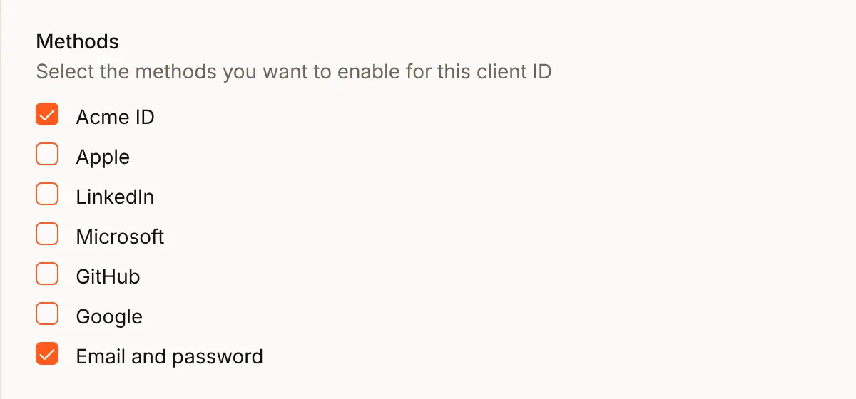 The Edit auth setting sheet for Acme Analytics, at Methods: Acme ID ticked beside Email and password