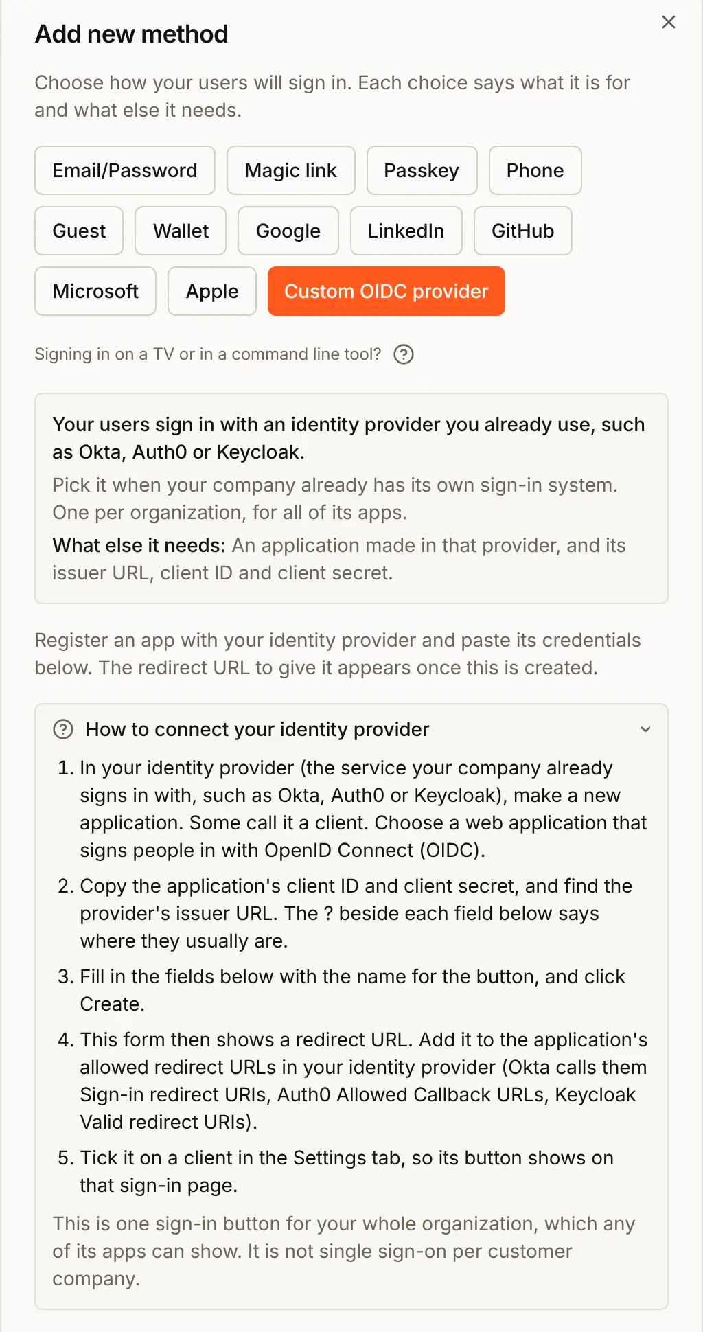 The Add new method dialog with Custom OIDC provider chosen: what it is for, that it allows one per app, and the open guide How to connect your identity provider with its five steps