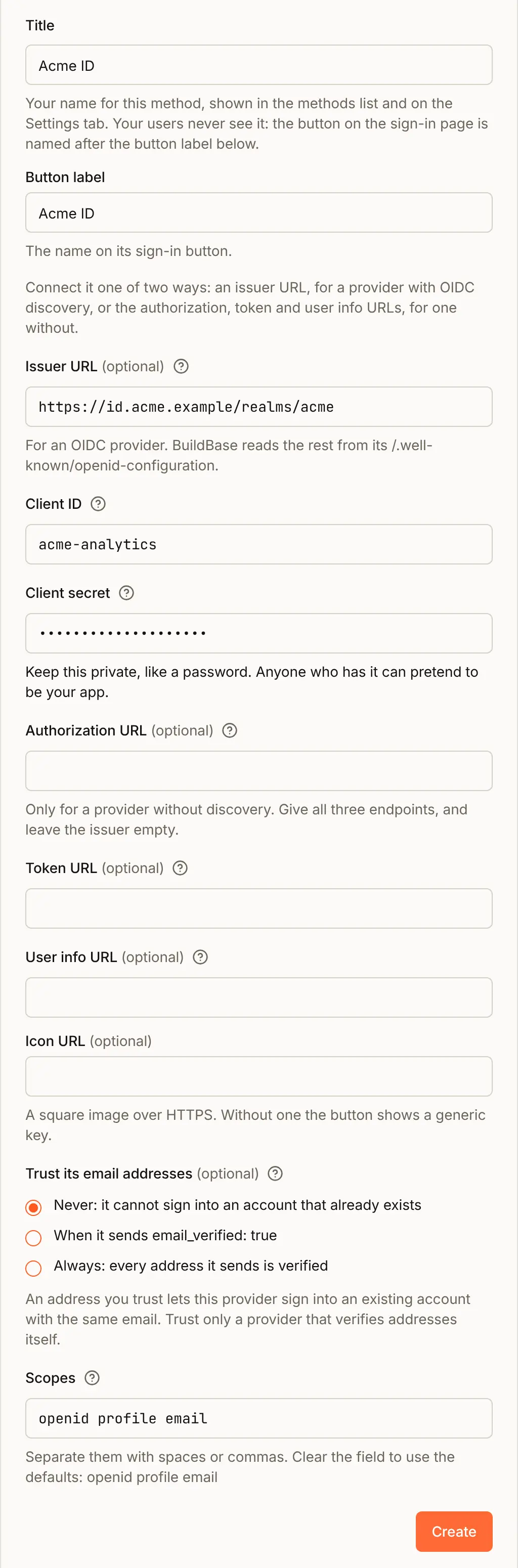 The custom provider form: Title Acme ID, Button label Acme ID, Issuer URL https://id.acme.example/realms/acme, Client ID acme-analytics, Client secret as dots, the three endpoint boxes and Icon URL left empty, Trust its email addresses on Never, and the scopes openid profile email