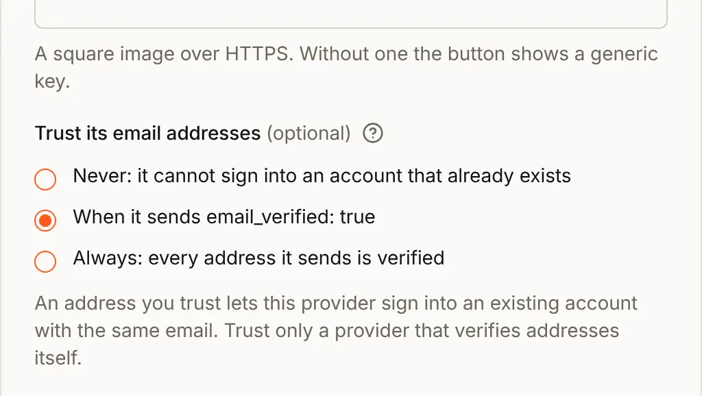 Editing Acme ID: Trust its email addresses, with When it sends email_verified: true chosen instead of Never or Always