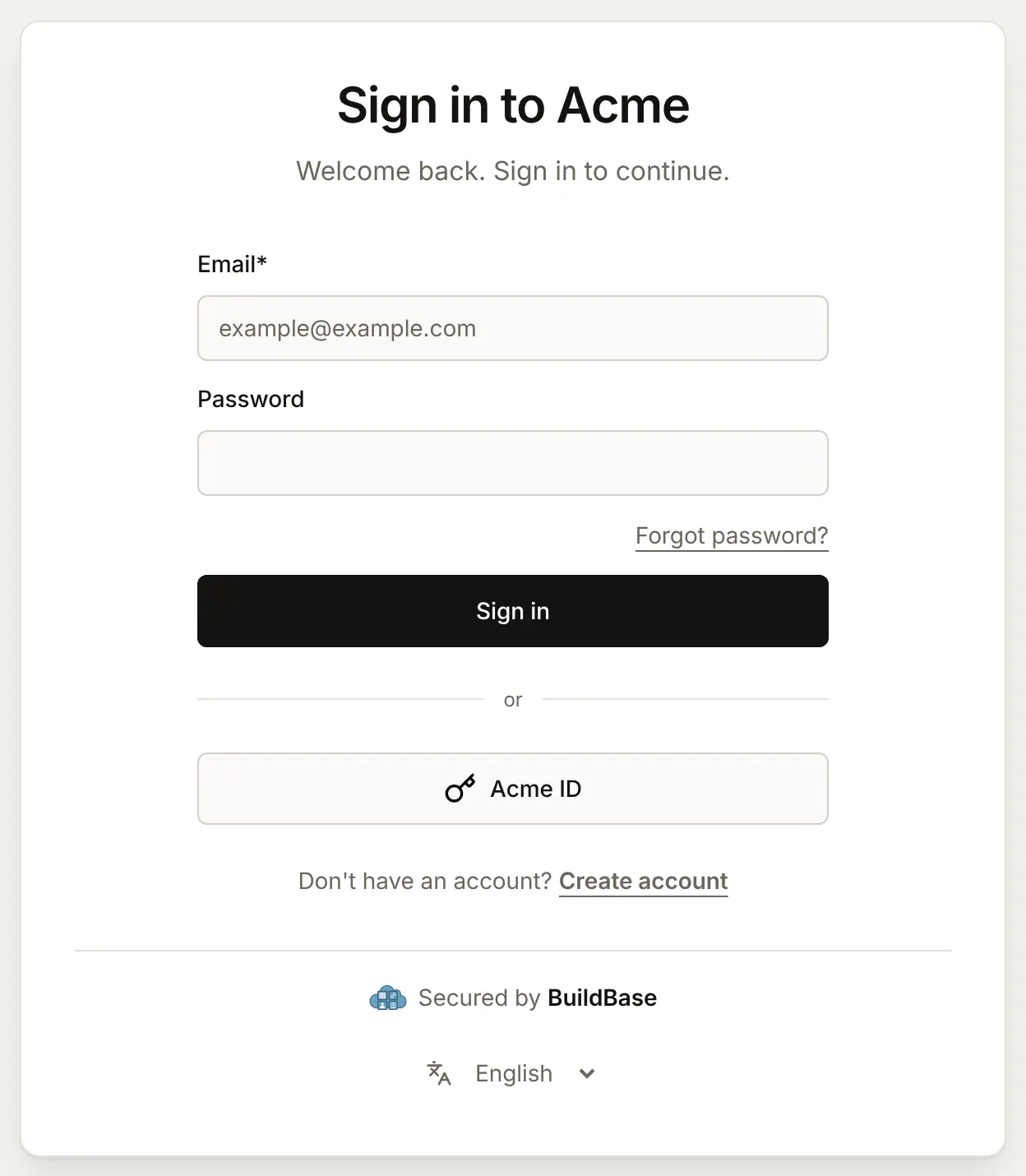 The hosted sign-in page Sign in to Acme with an Acme ID button, showing a key icon because no Icon URL is set