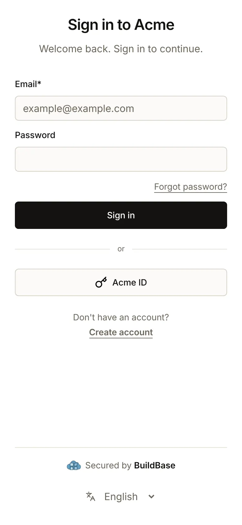 The sign-in page on a phone 390 pixels wide, with the Acme ID button across the full width under the form
