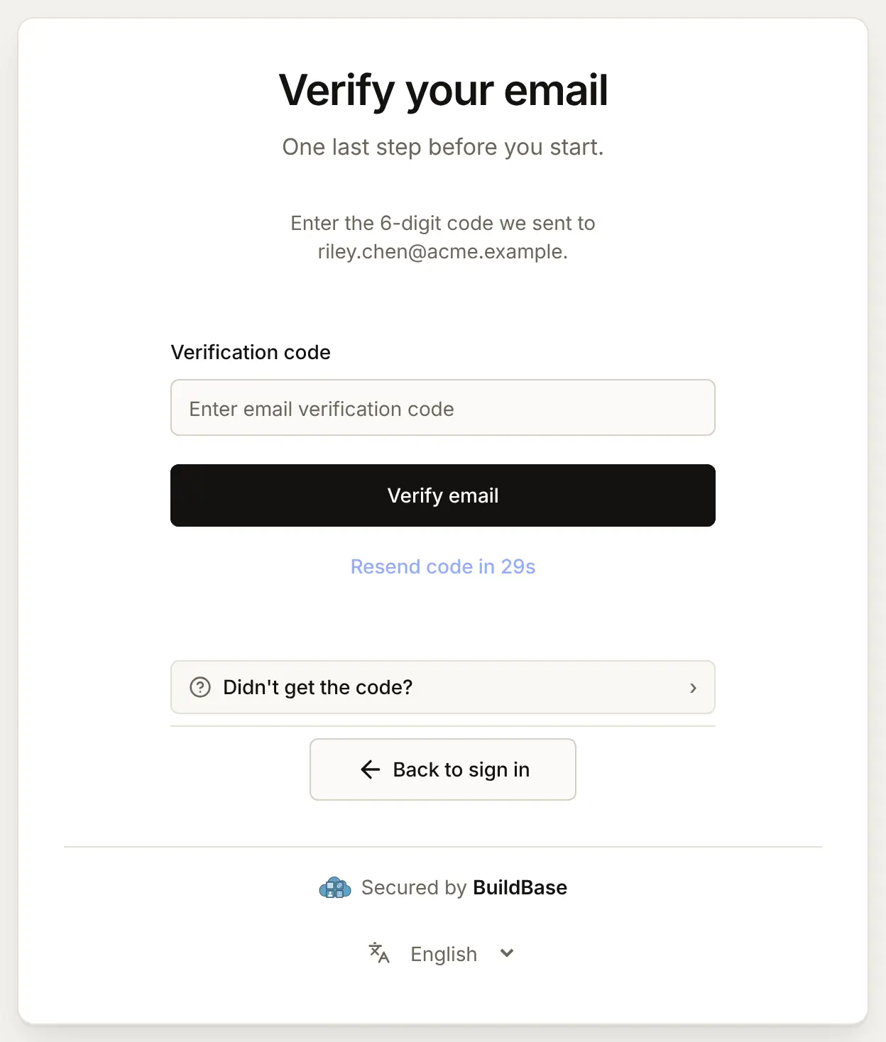 Back on the hosted page: Verify your email, with a box for the 6-digit code sent to riley.chen@acme.example
