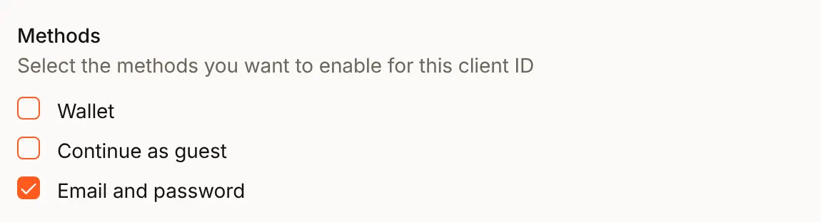 The Methods list for Acme CLI with Email and password ticked, the ways people can sign in when they approve a device