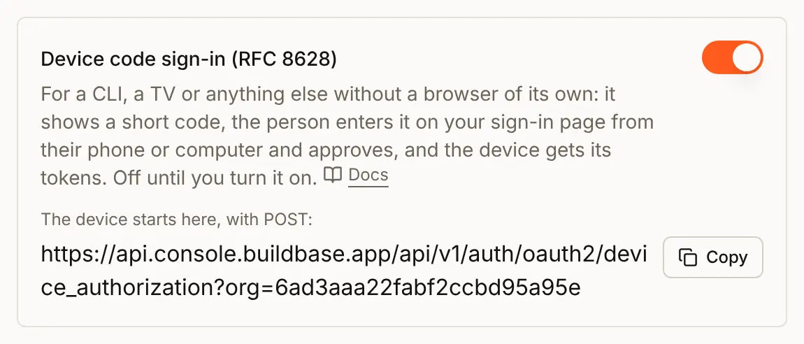 In the Edit auth setting sheet for Acme CLI: Device code sign-in (RFC 8628) switched on, and under it the address the device starts at, with a copy button
