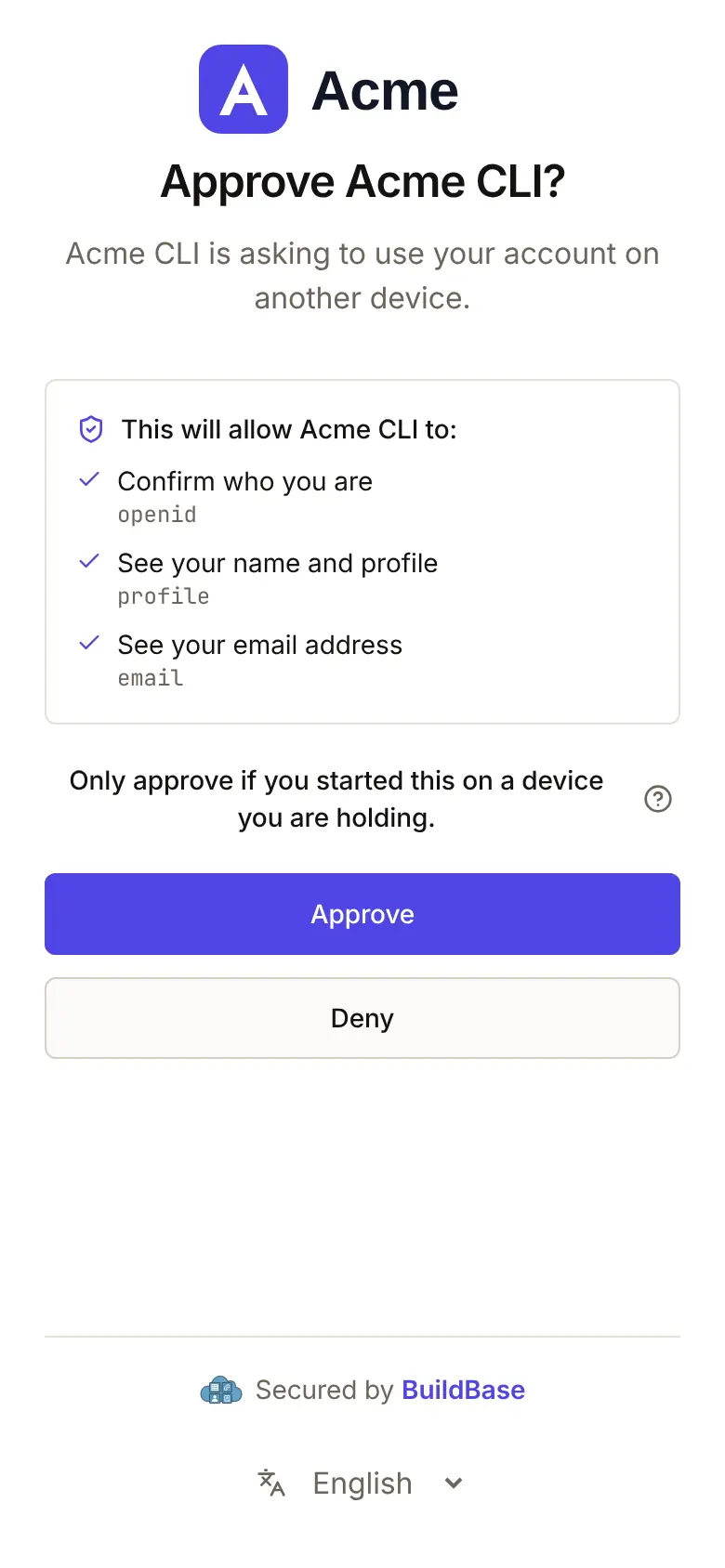 Approve Acme CLI? on a phone: the request, what it will be able to do, the warning to approve only a device you are holding, and Approve and Deny