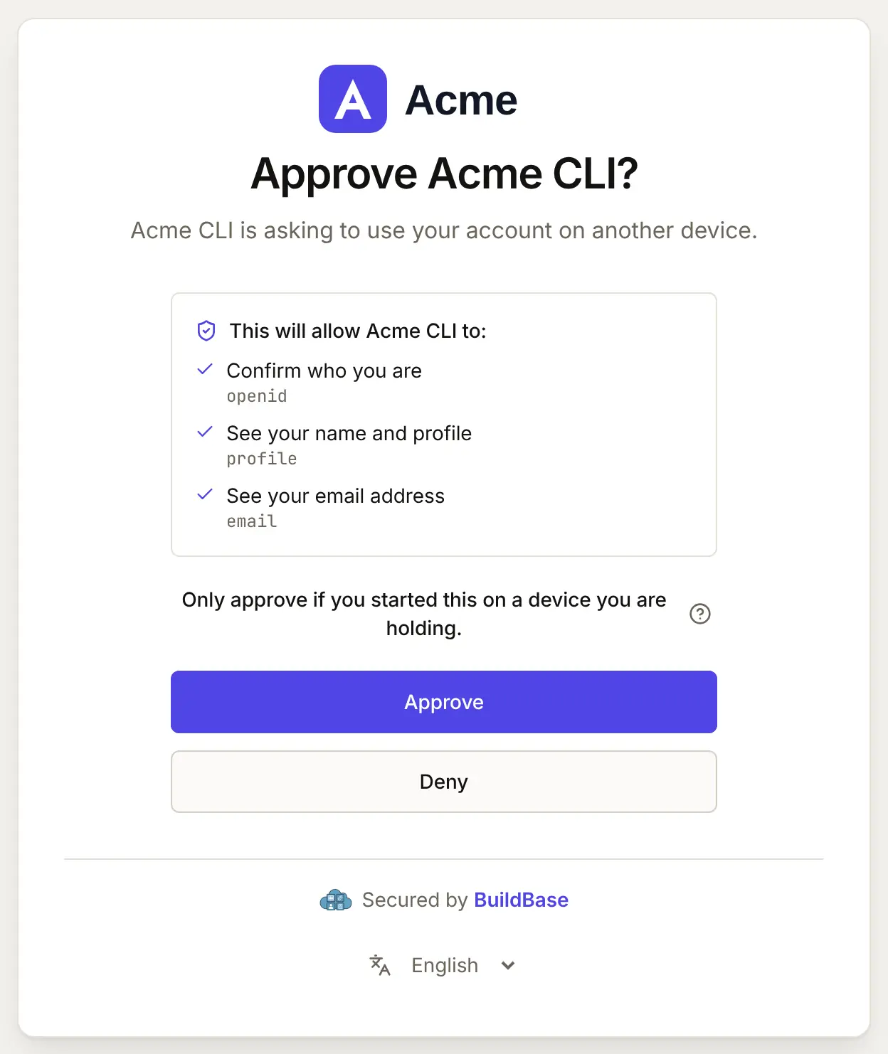 Approve Acme CLI? Acme CLI is asking to use your account on another device, what it will be able to do, a warning to approve only a device you are holding, and the Approve and Deny buttons