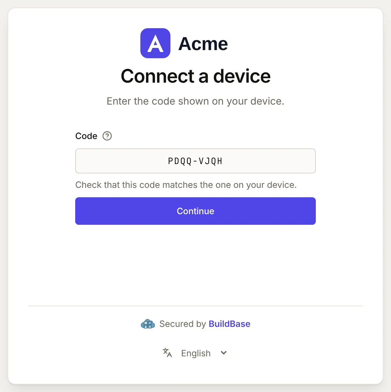 Connect a device: Enter the code shown on your device, with the Code box already filled in from the link, a line to check it matches the device, and Continue