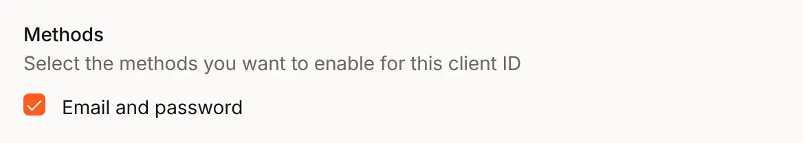The Methods list in the Edit auth setting sheet for Acme Analytics, with Email and password ticked
