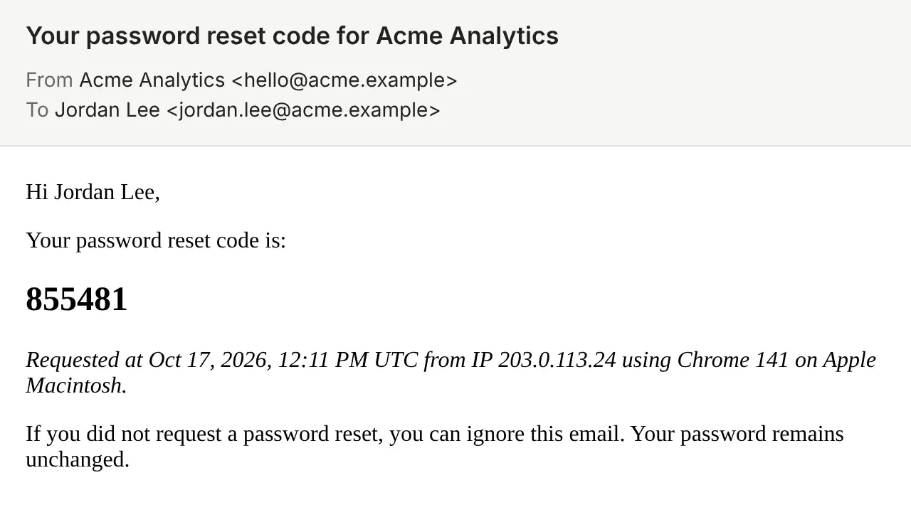 The password reset email, subject "Your password reset code for Acme Analytics", with a 6-digit reset code