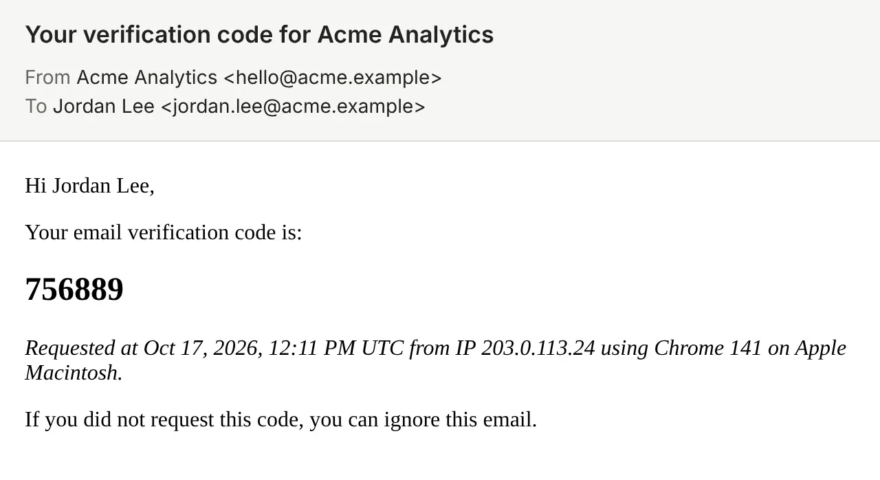 The verification email, subject "Your verification code for Acme Analytics": Hi Jordan Lee, your email verification code is a 6-digit number, with when and from which device and IP address it was requested, and a line saying to ignore it if you did not ask for it