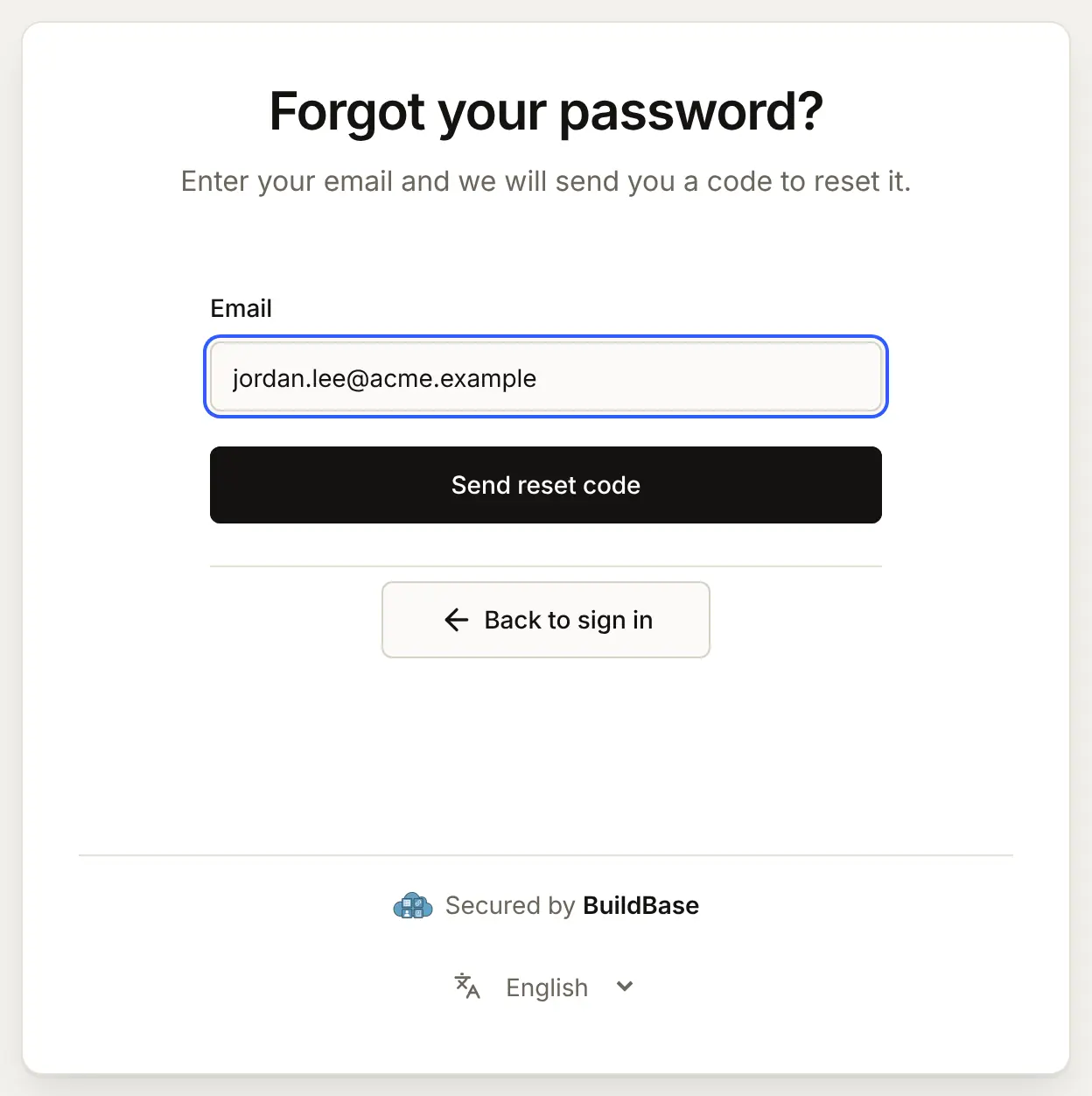 The Forgot your password? screen with jordan.lee@acme.example typed in and a Send reset code button