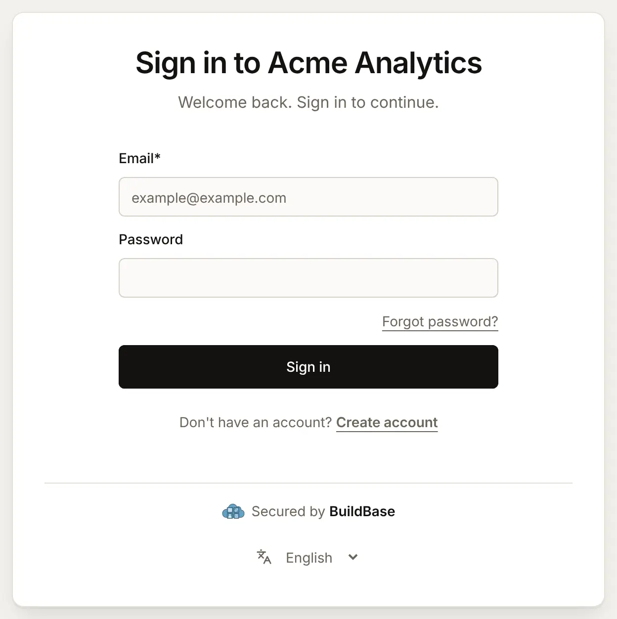The hosted sign-in page with only email and password: "Sign in to Acme Analytics", Email and Password fields, a Forgot password? link, a Sign in button, and "Don't have an account? Create account"
