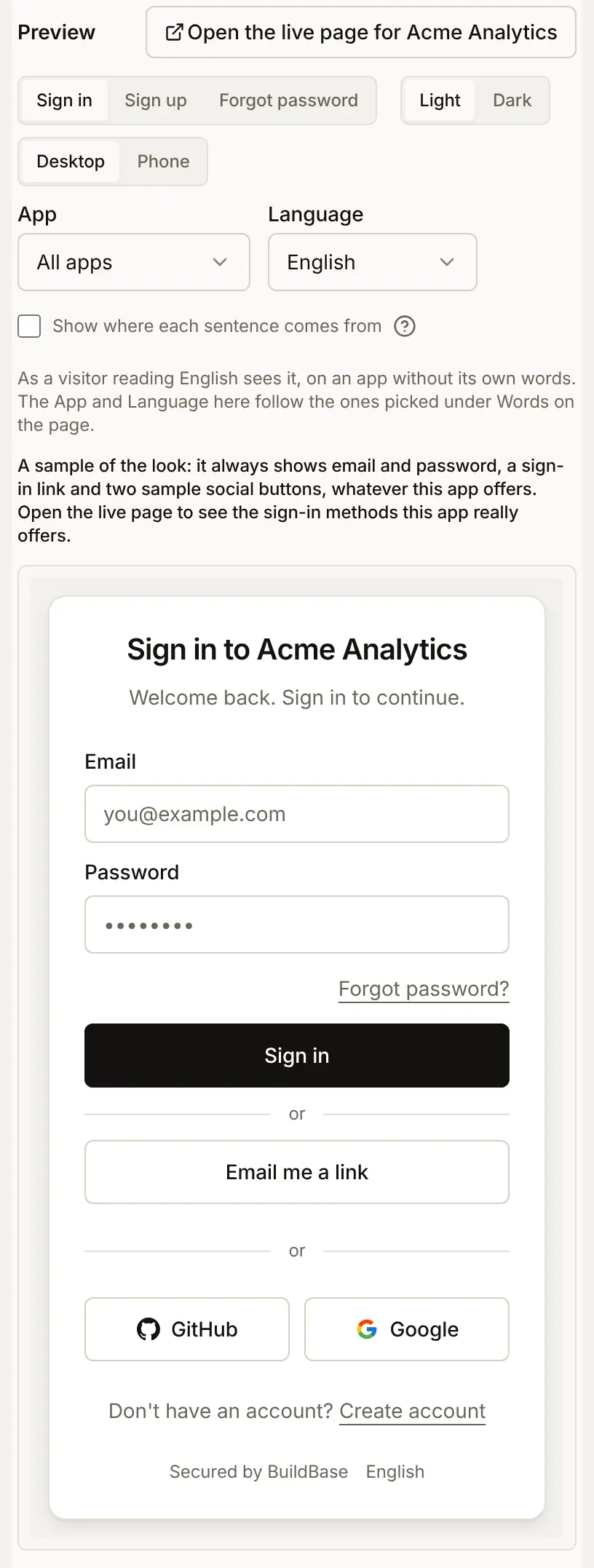 The Preview on the Sign-in page tab: "Sign in to Acme Analytics" with Email and Password fields, Forgot password?, a Sign in button, and Create account under it, plus the Open the live page for Acme Analytics button at the top