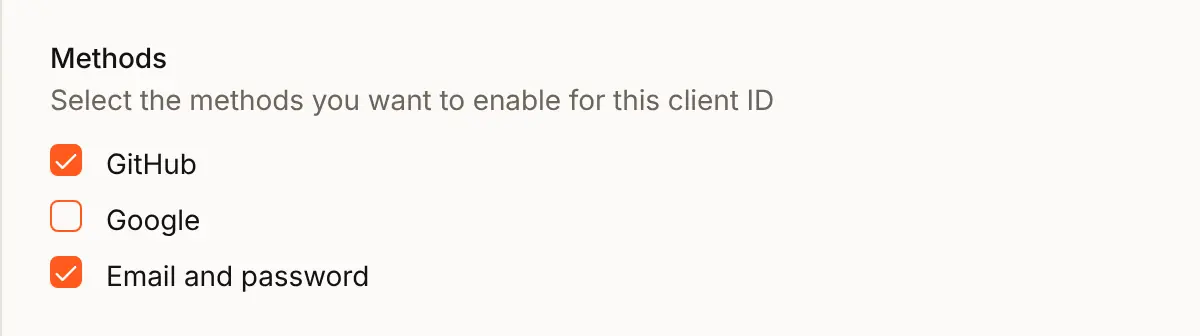 The Edit auth setting sheet for Acme Analytics, at Methods: GitHub ticked beside Email and password